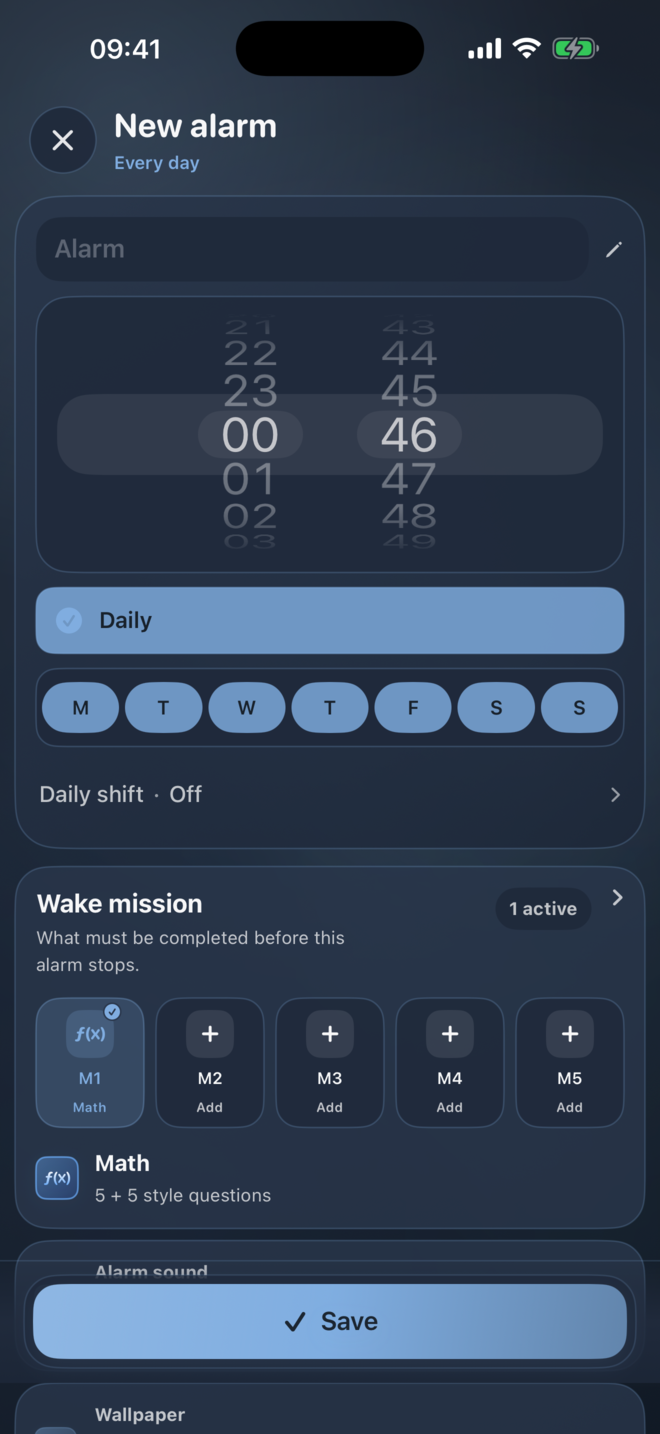 Ringly new alarm editor with schedule and Wake Mission settings.
