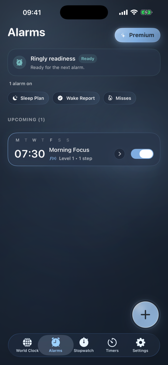 Ringly alarm home screen showing readiness, Sleep Plan, Wake Report, and a 7:30 morning alarm.