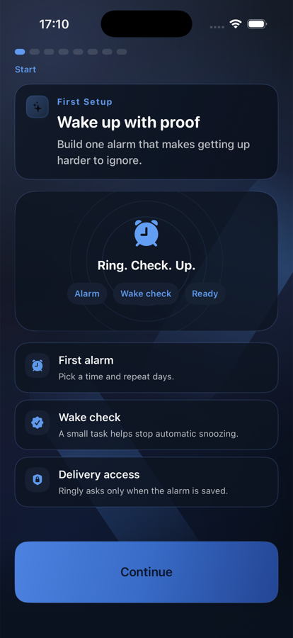 Current Ringly onboarding screen explaining wake checks and alarm readiness
