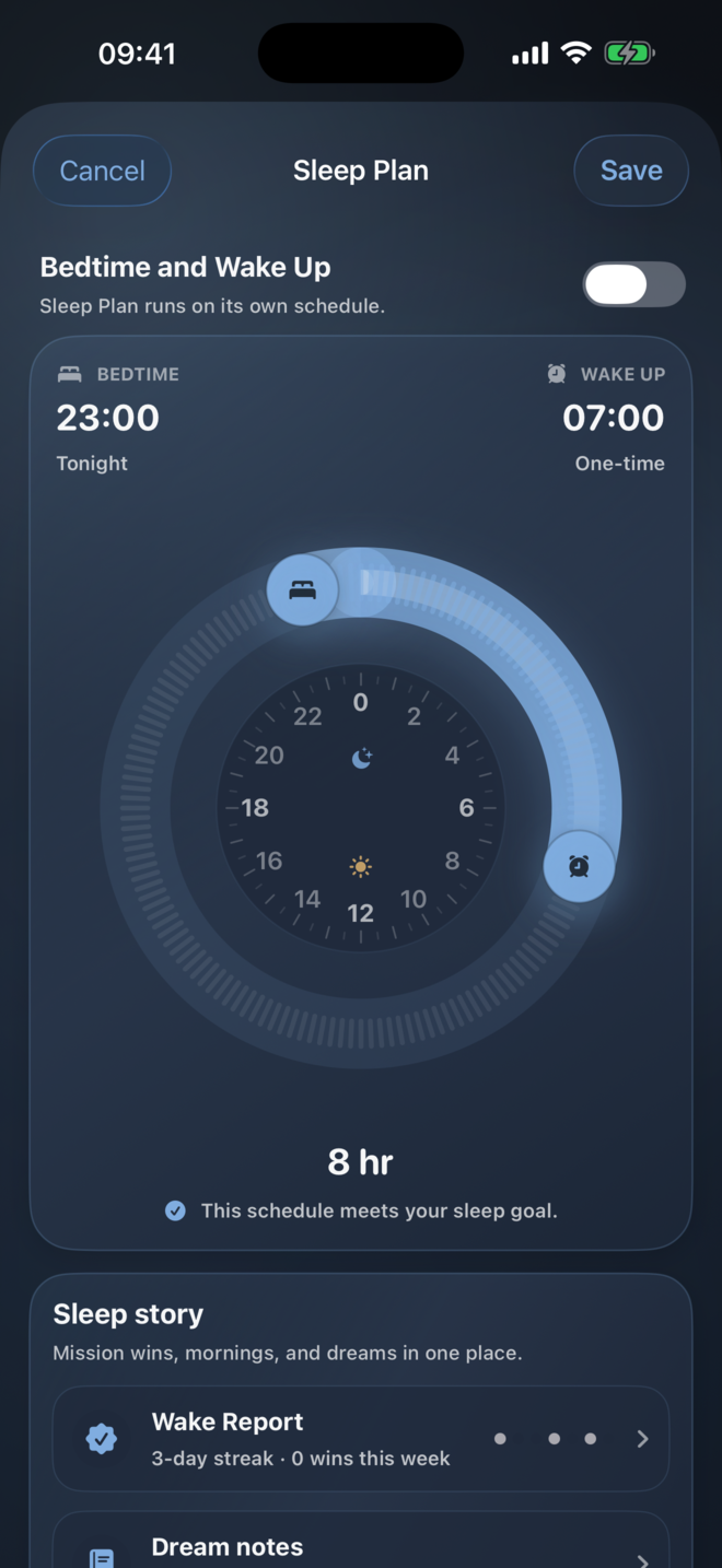 Ringly Sleep Plan screen showing bedtime and wake schedule.