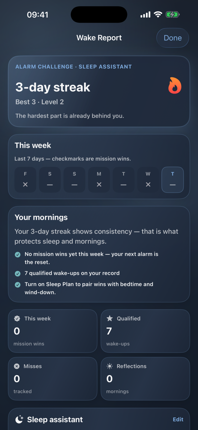Ringly Wake Report screen with a private morning summary.